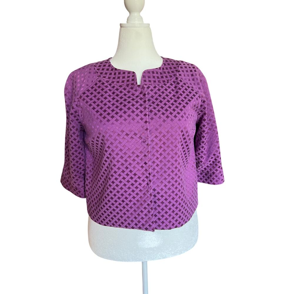 Vintage Covington Petite Purple Square Patterned 3/4 Sleeve Jacket Women Size PL